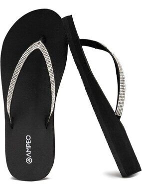 Women's Black Sparkly Rhinestone Thin Straps Design for Beach Flip Flop Sandals